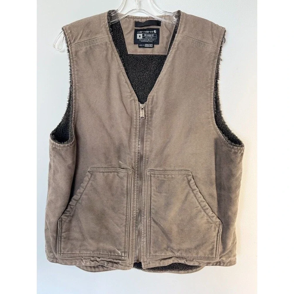 Carhartt Mens M Grey Fleece Lined V-Neck Canvas Vest Utility Workwear Farmcore